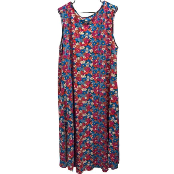 Natural Life Pink Blue Floral Hangout Cotton Jersey Midi Tank Dress Boho Cottage - Picture 2 of 10